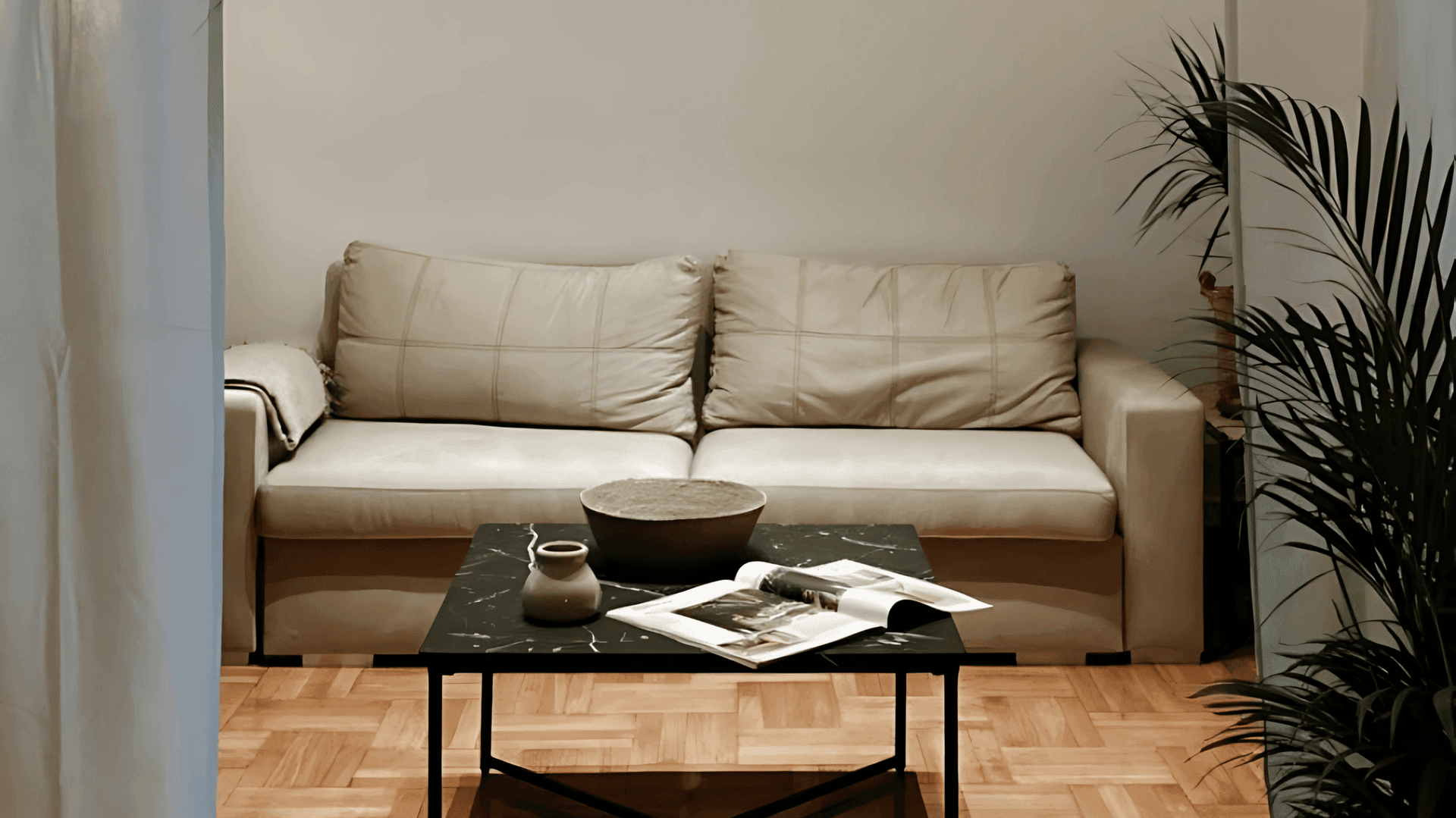 Cozy living room with a beige sofa, black coffee table, and indoor plants.